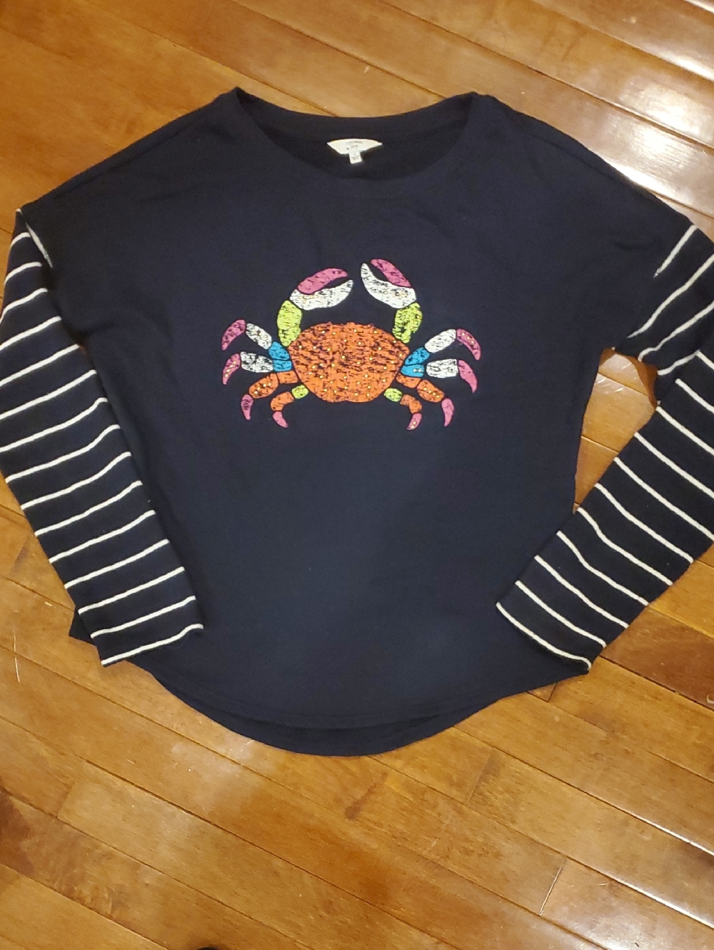 Blue Striped Sleeve Crab Graphic Long Sleeve Top